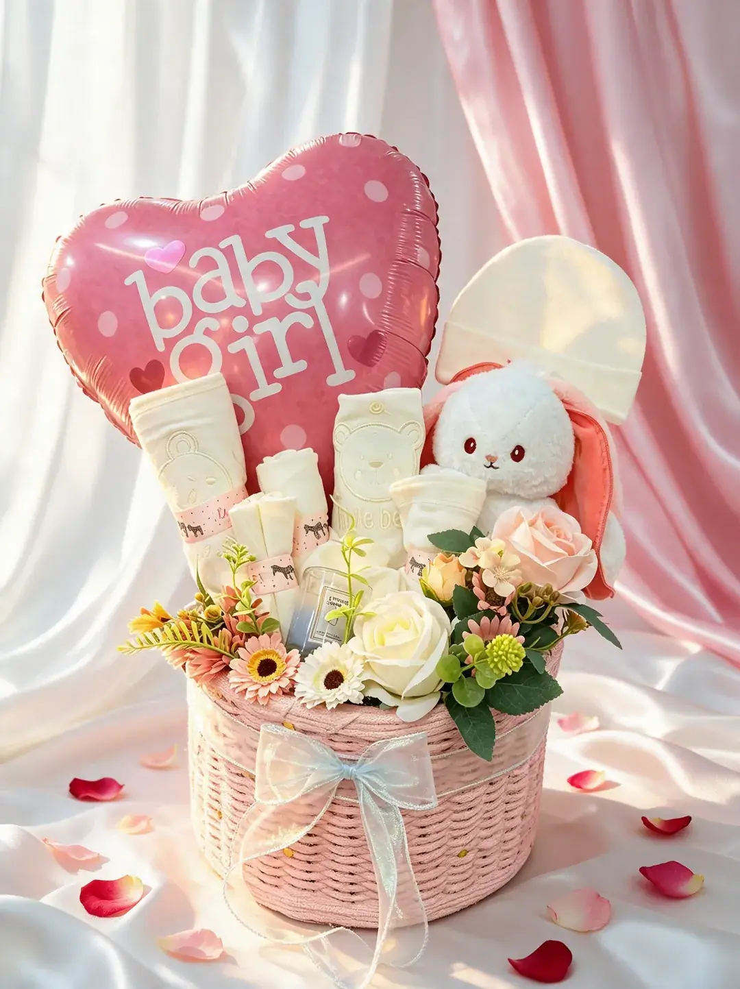 A pink woven basket of baby clothes, a plush bunny and flowers under a “baby girl” heart balloon.
