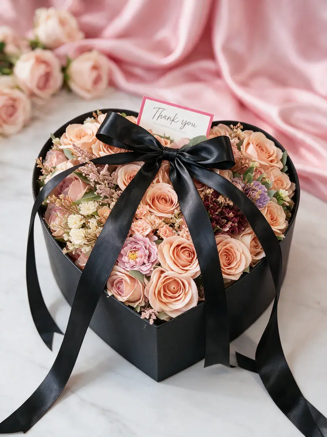 A black heart-shaped box filled with peach roses, tied with a satin bow and a thank-you card.