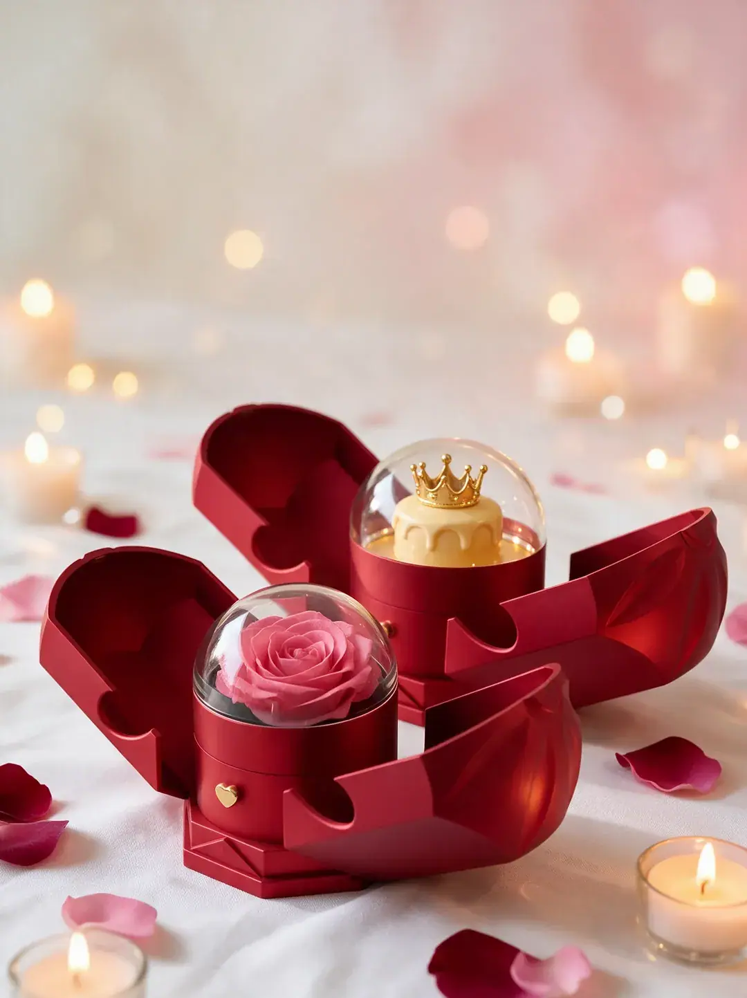 Two red petal boxes opened wide, one holding a pink preserved rose under a glass dome, the other a crowned cake.