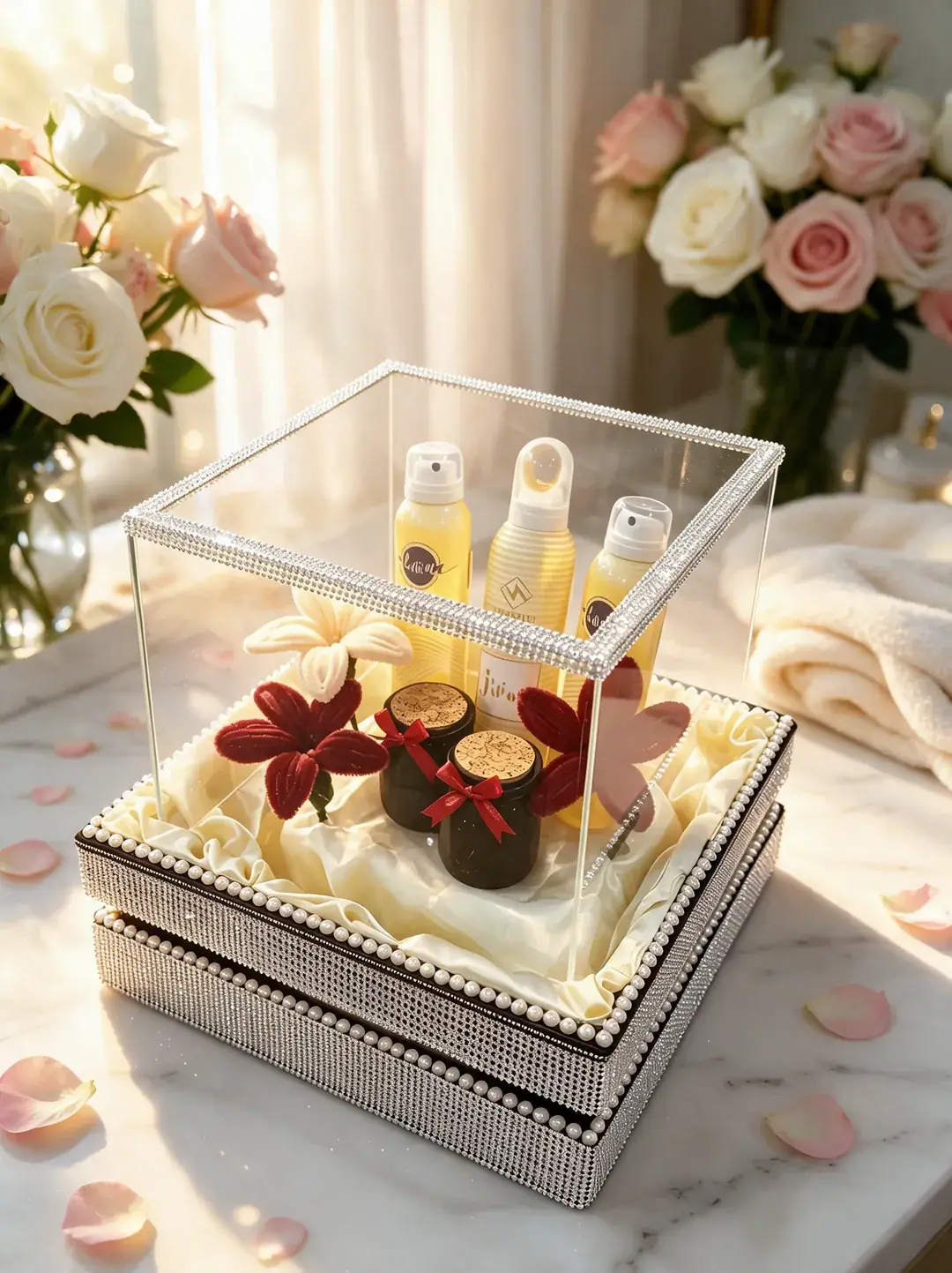 A clear case on a pearl and crystal base, oils and scrub jars nested in ivory satin.